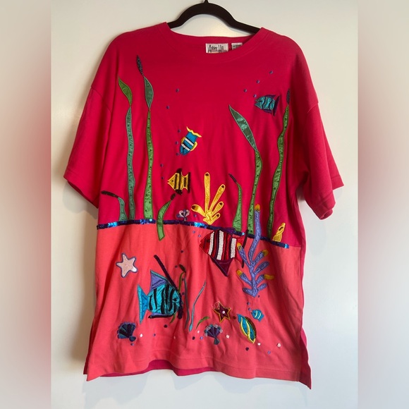 VTG Ashley Hill Fish Tropical Women’s Top T-shirt Pink Sequin Cosplay Large - Picture 2 of 11